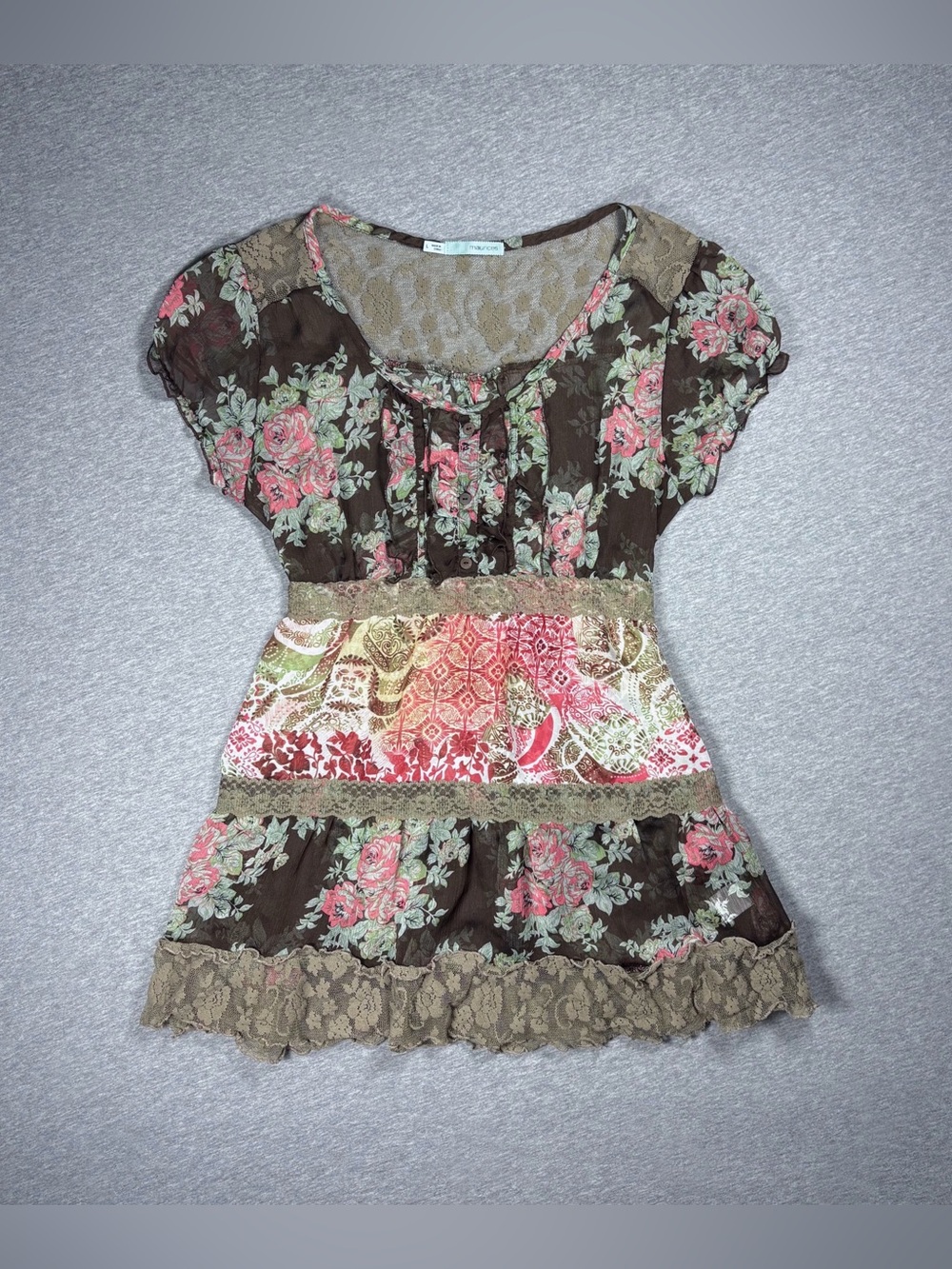 Y2K Style Babydoll Top Floral Lace Short Sleeve Sheer Boho Fairy Size L Maurices